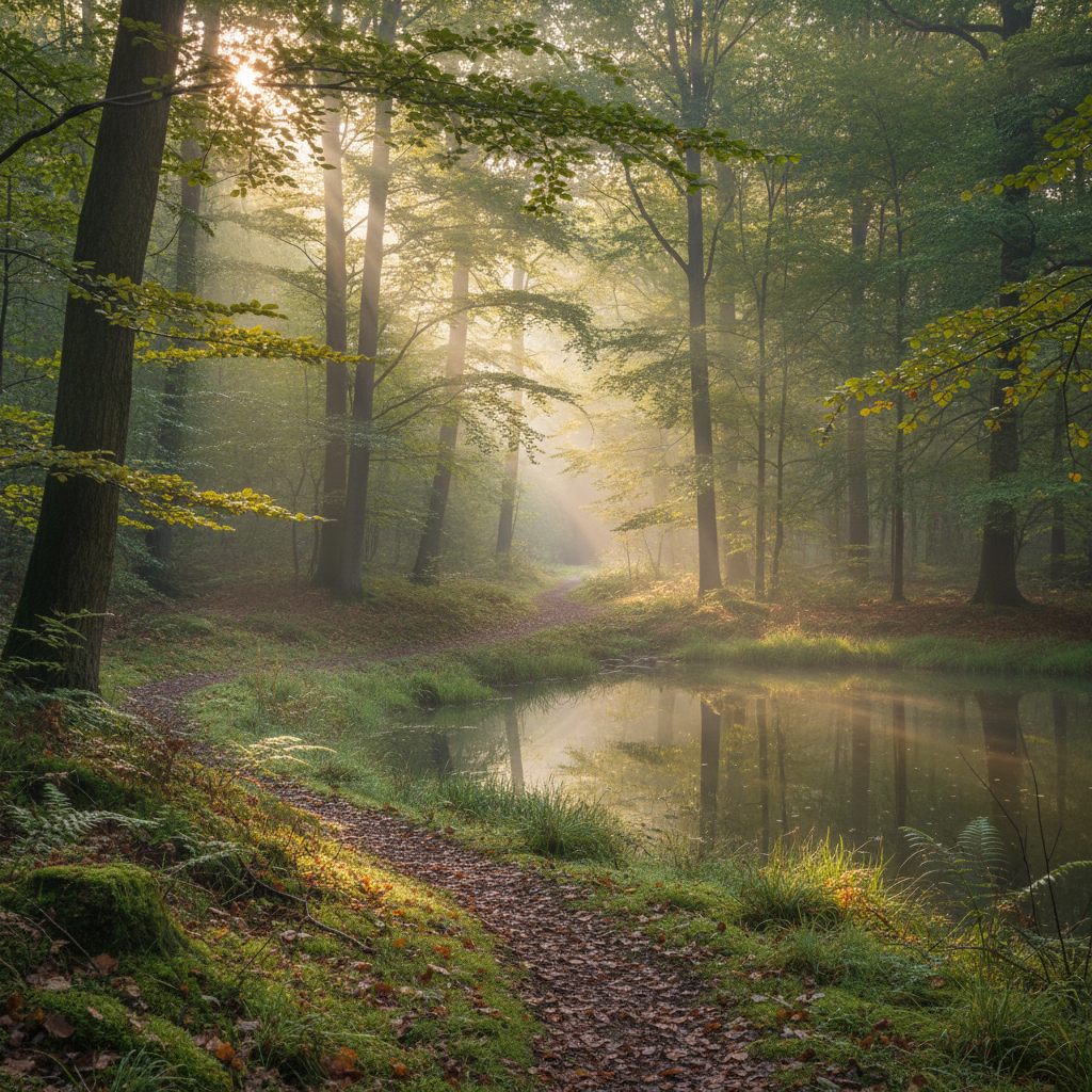 Stille Waldlichtung mit weichem Morgenlicht, ein Symbol für innere Ruhe und achtsame Wahrnehmung
