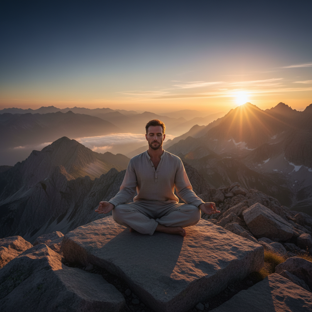 Mann in ruhiger Atemübung auf einem Berggipfel bei Sonnenaufgang, Fokus auf innerer Konzentration und Stille