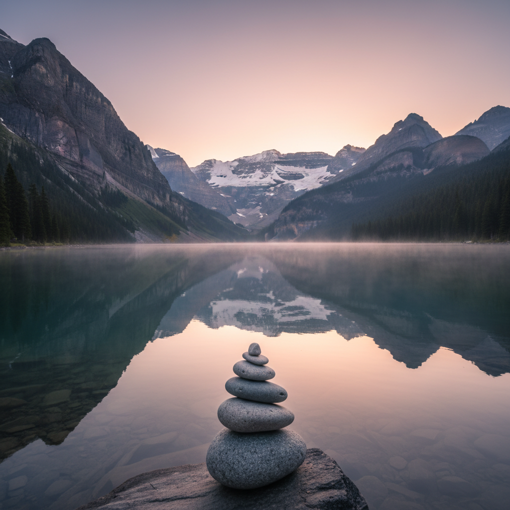 Ruhiger Bergsee bei Sonnenaufgang, umgeben von Bergen – symbolisiert Gleichgewicht und innere Stärke