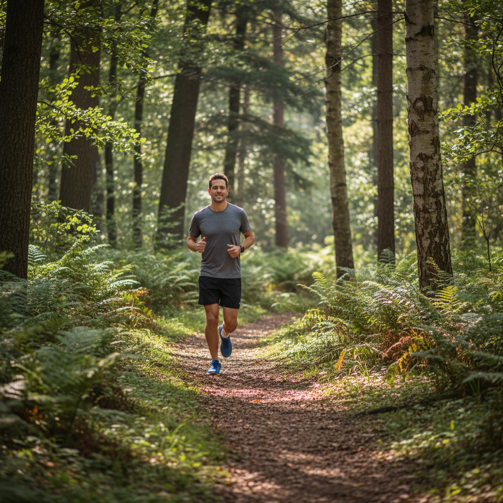 Mann beim ruhigen Joggen auf einem Waldweg, natürliche Umgebung und ruhige Bewegung im Fokus