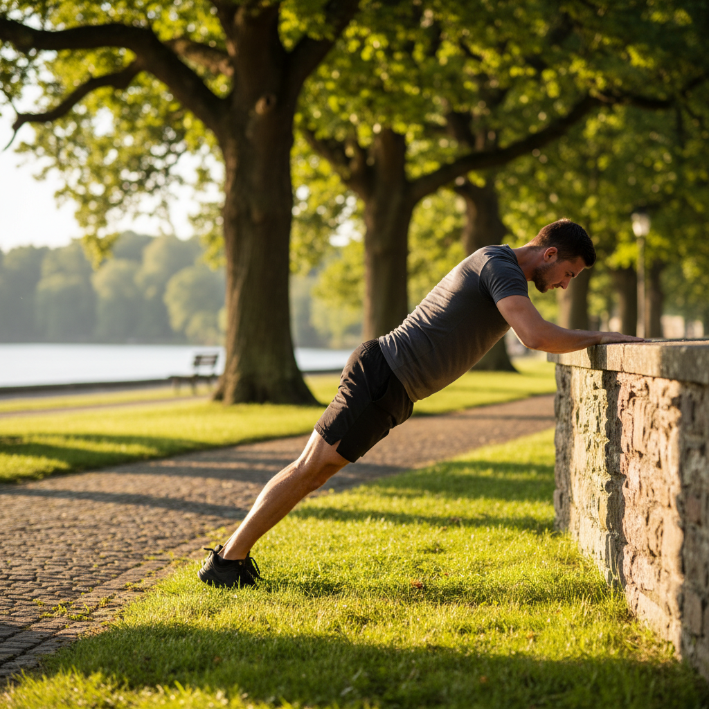 Mann beim ruhigen Körpergewichtstraining im Freien, konzentrierte Haltung im Sonnenlicht